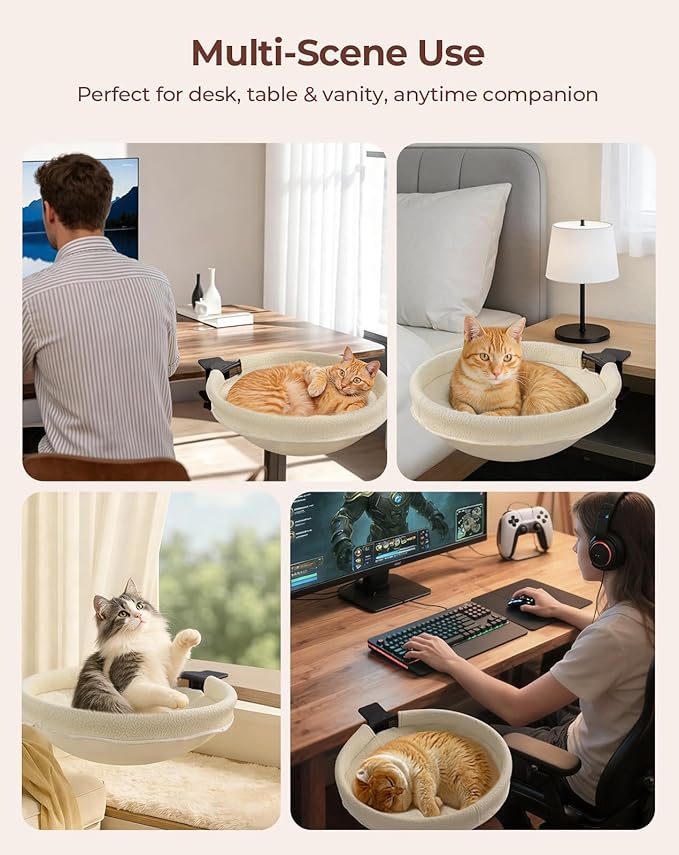Petcozife Cat Desk Bed, 16"x16" Sturdy Rotating Cat Bed for Desk with Removable Washable Soft Fabric Hammock Cover, Stable Holds Up to 50 lbs, Space Saving Cat Perch for Home Office, Game Table