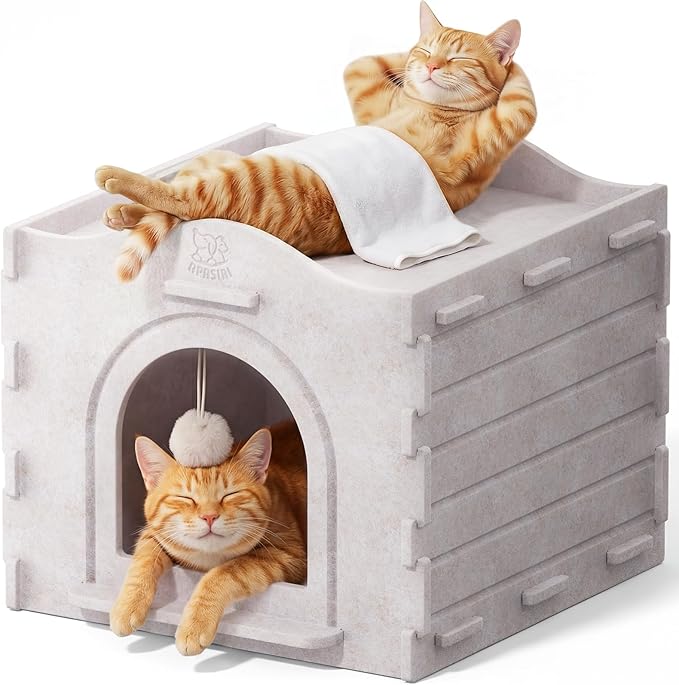Cat Bed Cave for Indoor Cats: New Felt Cat Bed with Fluffy Ball Hanging, Foldable Cat House with Scratch-Resistant Board, Hideaway Cat Cave for Timid Cats, Sturdy Two-Tier Cat Condo - Gray