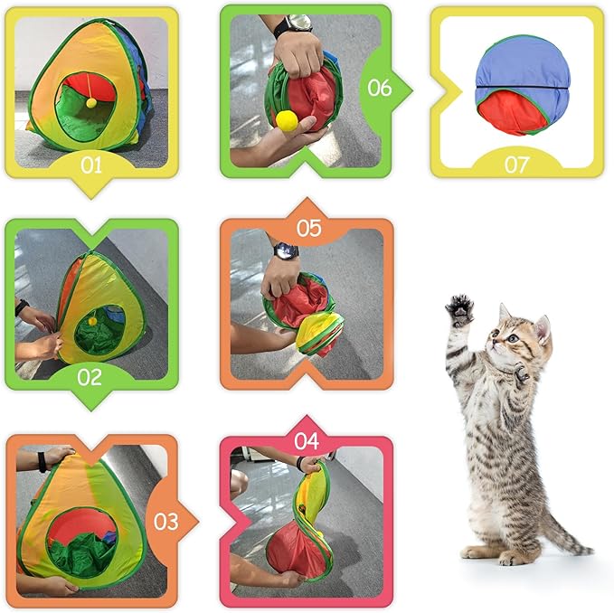 Andiker Cat Tent with a PlushBall, Colorful Foldable Polyester Cat Play Tents Match with Most Cat Tubes for Indoor Cats Game, Sleep, 3 Holes Convenient Kitten Nest for Indoor Kitten, Rabbit(Tent S)