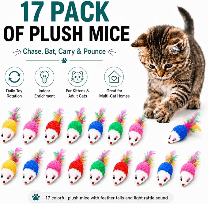 FYNIGO Cat Mouse Toys 17 Pack, Interactive Cat Toys for Indoor Cats, Catnip-Scented Plush Mice with Feather Tails & Rattle Sound, Kitten Toys for Entertainment, Exercise & Hunting Play