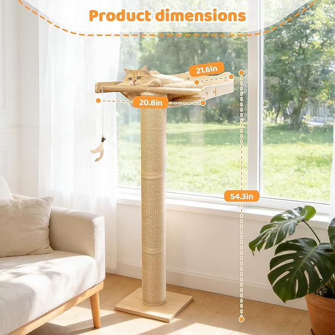 Cat Window Perch Hammock with 3-Piece Detachable Roman Column Sisal Scratching Posts, Drill-Free Suction Cup Mount, Extra Large for Large Cats & Maine Coons, 60 LBS Capacity