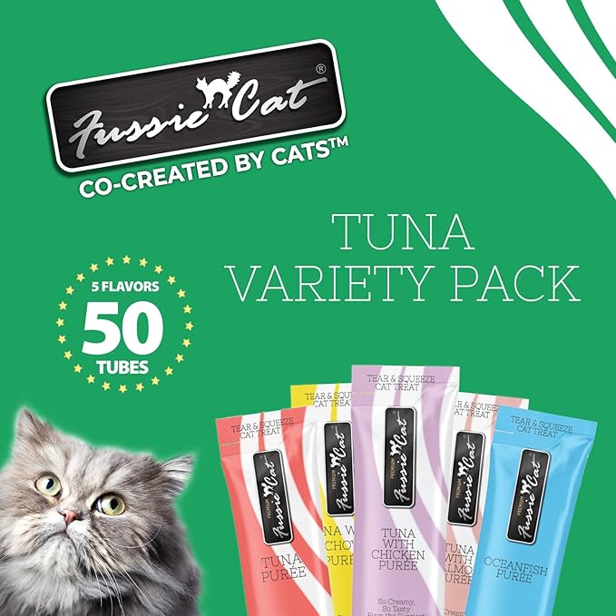 Fussie Cat, 0.5 Ounces Each, 50 Tubes, Tuna Variety 5 Flavors