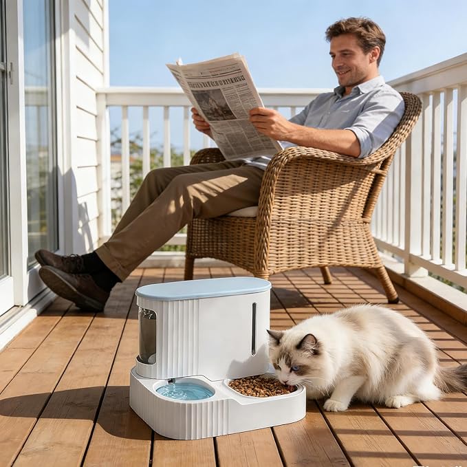 Cat Feeder and Water Dispenser - 2 in 1 Puppy Water Feeder - 3L Detachable Cat Dry Food Dispenser - for Kitten Puppy Home Indoor Vacation Feeding Watering