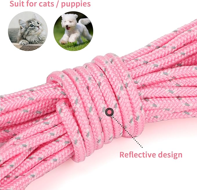 Rypet Reflective Cat Long Leash - 30 FT Escape Proof Walking Leads Yard Long Leashes Durable Safe Personalized Extender Leash Traning Play Outdoor for Kitten, Puppy, Rabbit and Small Animals(Pink-M)