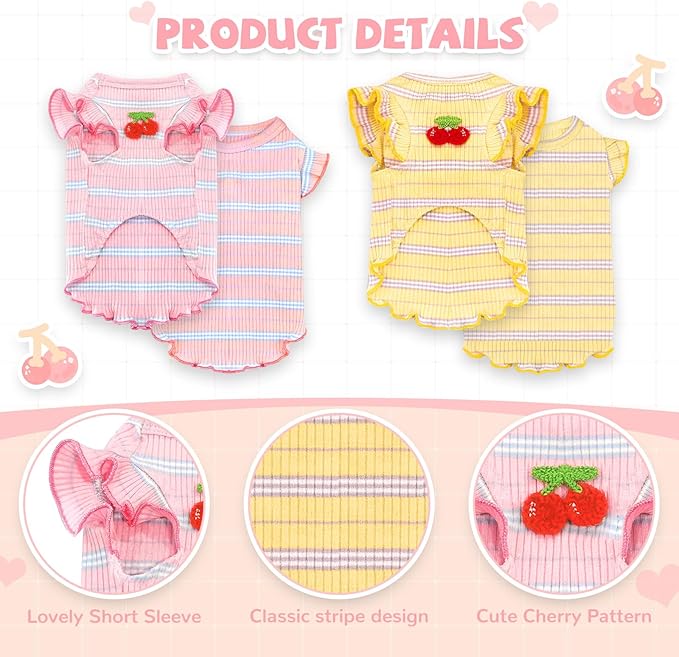2 Pack Striped Dog T Shirt Cute Cherry Girl Dog Clothes for Small Dogs Cats Breathable Soft Cotton Pet Puppy Sleeveless Vest Spring Summer Pet Outfits（Pink+Yellow,Small）