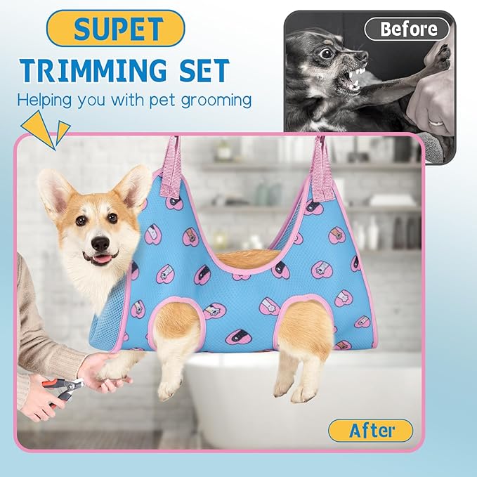 Supet Dog Grooming Hammock Harness for Dogs Cats, Relaxation Pet Nail Clipper Hammock, Restraint Dog & Small Animal Leashes Sling for Groomingk for Nail Trimming (Blue-Love, S)