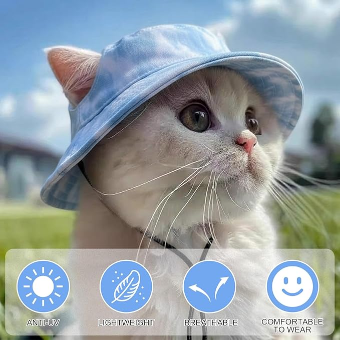 3 Pcs Pet Hats with Ear Hole Sunscreen Round Brim Bucket Hat Suitable for Small and Medium-Sized Cat Puppy Dog Active Summer Sun Protection Pet Sun Care Cooling Caps (Blue, Medium)