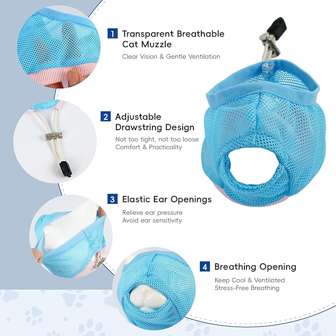 Nanaki 2-Pack Adjustable Cat Muzzle, Visualized Anti-Biting Face Cover for Grooming, Nail Trimming, Teeth Cleaning & Eye Protection - Calms Brushing, Allows Meowing（Blue,L）