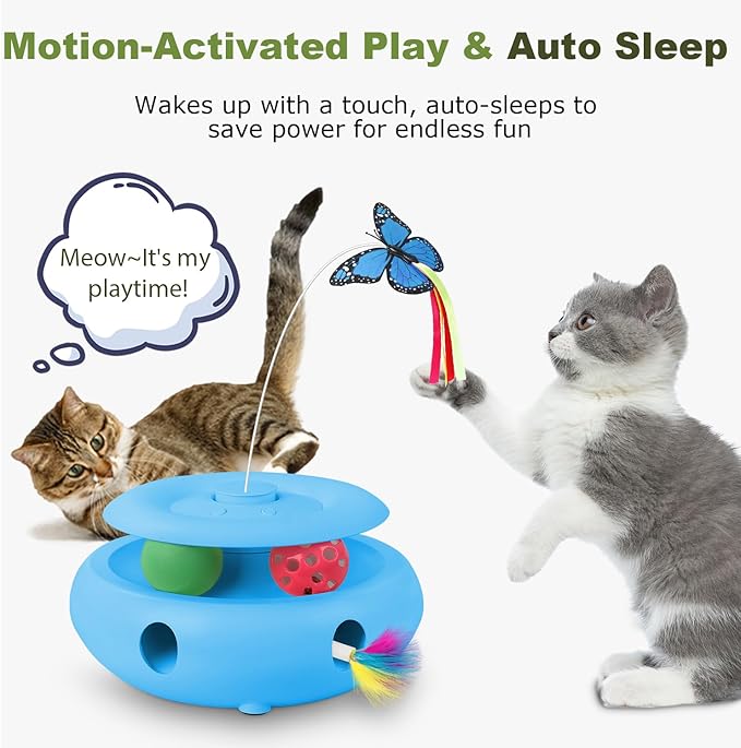 Interactive Cat Toy for Indoor Cats, 3-in-1 Automatic Kitten Toys with Fluttering Butterfly, Ambush Feather and Track Balls, USB Rechargeable Electric Cat Enrichment & Exercise Toy