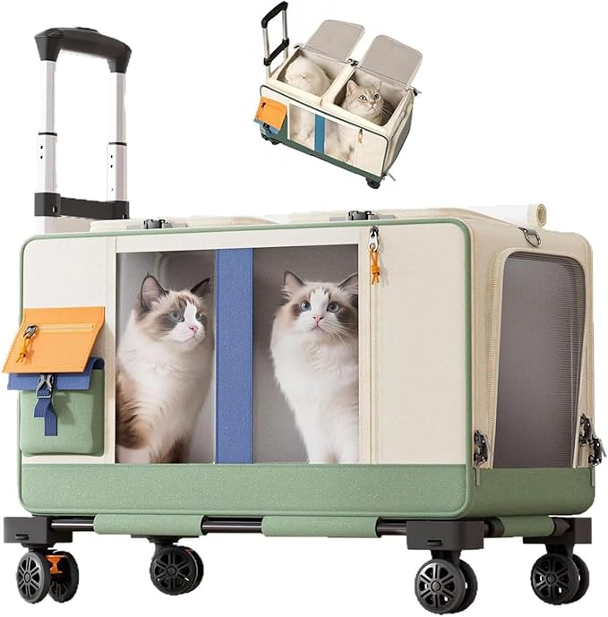 Large Cat Carrier with Wheels for 2 Cat, Double Rolling Pets Carrier on Wheel, Foldable Soft-Sided Carriers with Telescopic Handle, for Small Dogs Travel Bag for Outdoor Hiking Camping