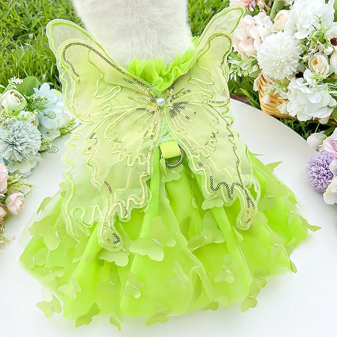 BAMY Butterfly Wings Dog Dress Summer Pet Wedding Skirt Lace Princess Tutu Cute Party Cat Outfit for Small Medium Dogs (Green, S (Chest 15.7inch/ 40cm))