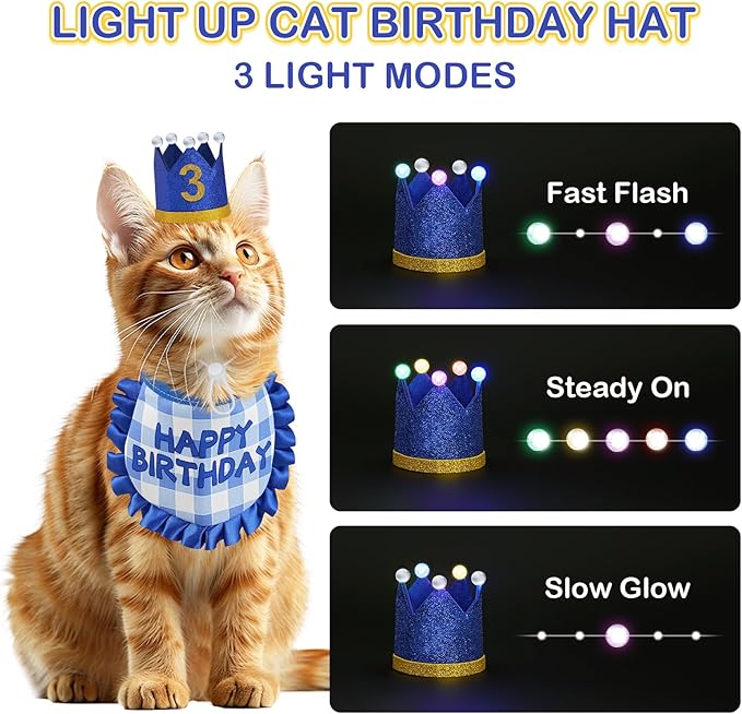 Cat Birthday Hat with Bandana, Light Up Party Outfit, Sapphire Blue