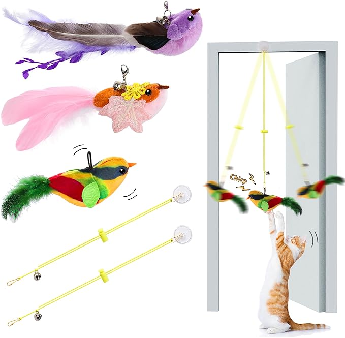 Interactive Bird Cat Toy,1Pcs Interactive Chirping Bird Cats Feather Toys and 2Pcs Birds Cat Feather Toys Replacement for Indoor Cats