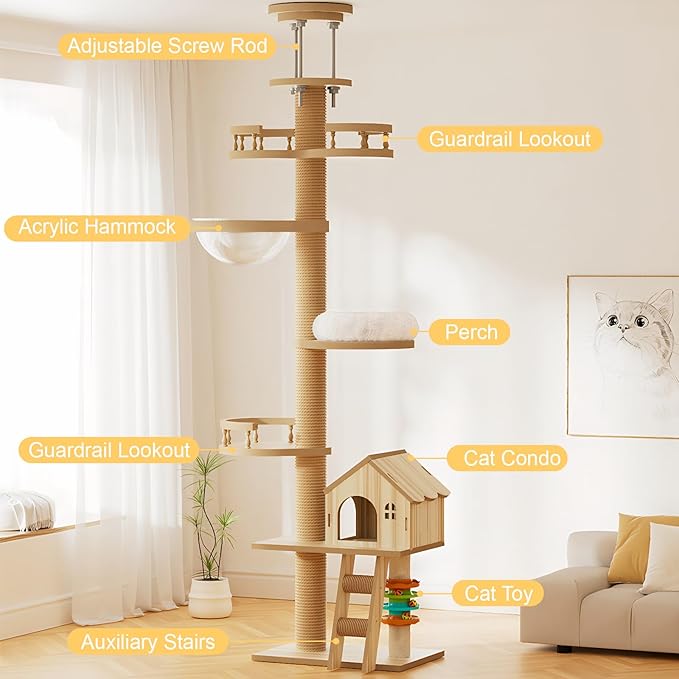 Modern Cat Tree Tower, Solid Wood Cat Condo with Scratching Posts, Multi-Level for Indoor Cats, Indoor Cat Furniture for Large Cats and Kittens (98")