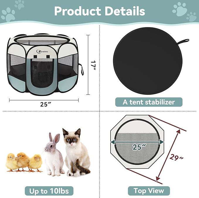 Siedihit Dog Cat Playpen, Puppy Pet Playpen Indoor for Small Dog Crate Tent Cage Outdoor, Portable Pop Up Dogs Enclosure Kennel with Carrying Case for Dogs/Cats/Rabbits(Grey, Small