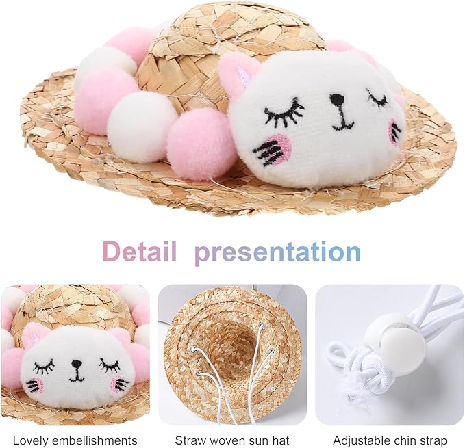 NACOCO Cat Hat Sunflower Straw Hat Handcrafted Rose Lovely Sun Cap Accessories for Small Dogs and Cats Photograph (M, Pink Cat)