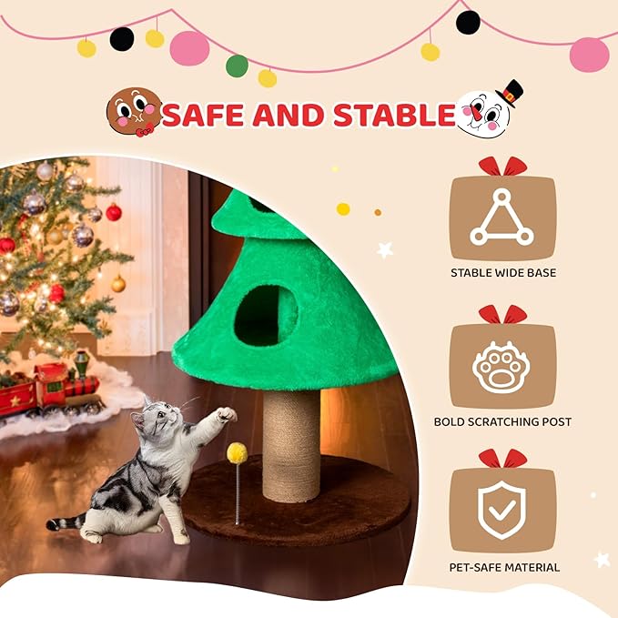 VINGLI 59in Large Christmas Tree Cat Tower for Indoor Cats, Green Cat Tree with 2 Cat Condos & Scratching Post, Soft Fleece Multi-Level Cat Tower with Teaser Toy, Sturdy Wide Base & Built-in Openings