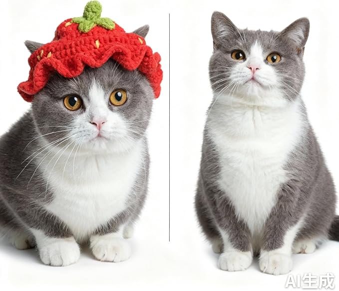 Cat Party Hat for Cats (7 Styles | Strawberry) – Cute Holiday & Photo Outfit with Ear Holes and Adjustable Tie – Soft & Washable Cat Costume for Parties