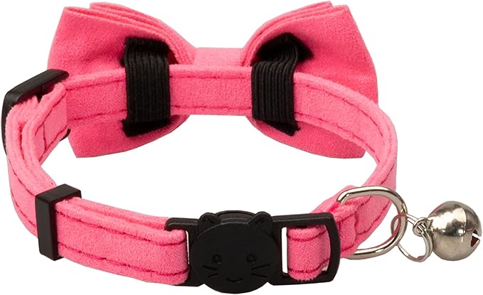 Cat Collar with Bow Tie Bell Breakaway Kitten Small Pet Safety Solid Wedding Basic Pure Color Suede Soft Adjustable [1pc] Rose Red