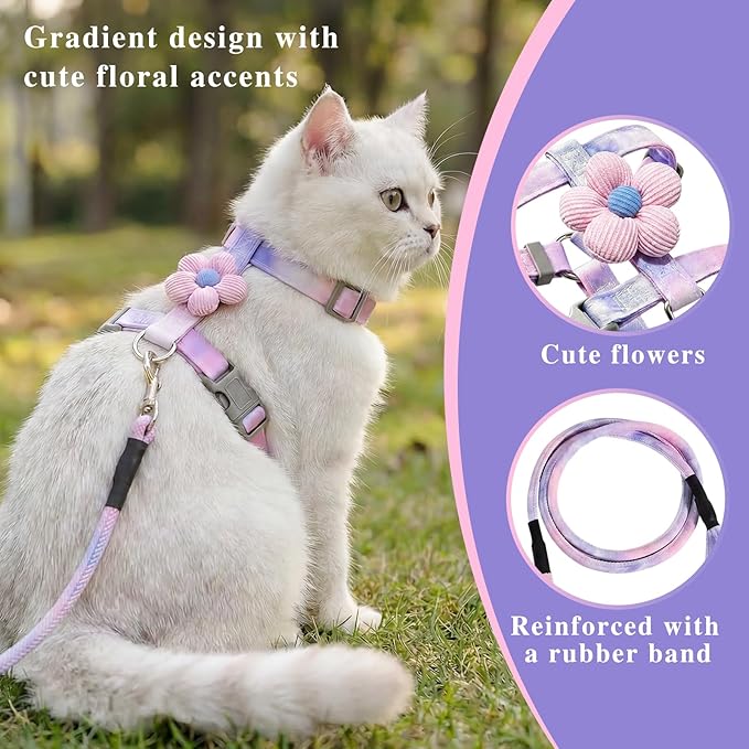 Tensho Cat Harness and Leash Set – Escape Proof Adjustable Cat Harness with Flowers, Comfortable Soft, Lightweight Safe, Easy to Wear Walking & Travel Harness(Purple S)