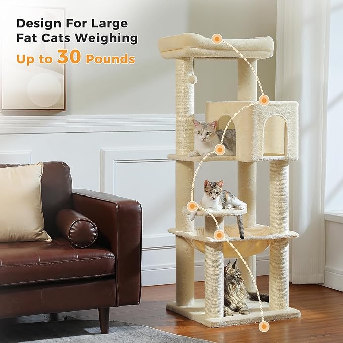MUTTROS Large Cat Tree for Indoor Cats Large Adult, 57.8" Heavy Duty Cat Tower with Reinforced Scratching Posts (φ3.7in) and Plush Larger Hammock for Maine Coon & Big Cats, Supports 30lbs, Beige