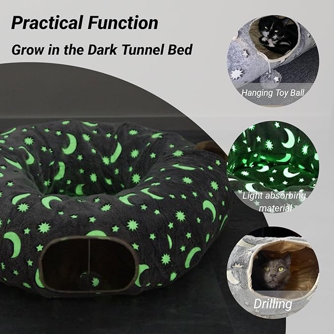Cat Tunnel Bed Under Christmas Tree with Plush Ball Toy Playground Crinkle Collapsible Self-Luminous Flannel Fabric 3FT for Large Cats Kittens Kitty Small Animals Puppy Grey Moon Star