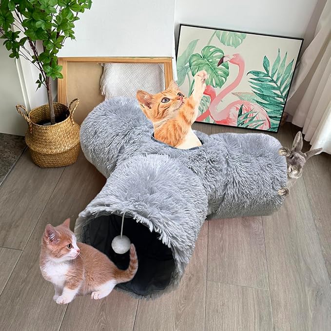 Cat Tunnel Tube Toy Collapsible 3 Way Grey Plush, Pet Tunnels for Indoor Cats, Play Tubes with Hanging Ball Perfect for Kitten, Puppy, Rabbit, Interactive Toys for Fun Playtime & Exercise