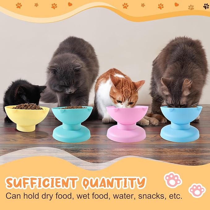 4 Pcs Raised Elevated Cat Bowls for Indoor Cats Removable 15° Tilted Raised Kitty Food Bowls Plastic Extra Wide Feeding Dish for Food Water Anti Vomiting