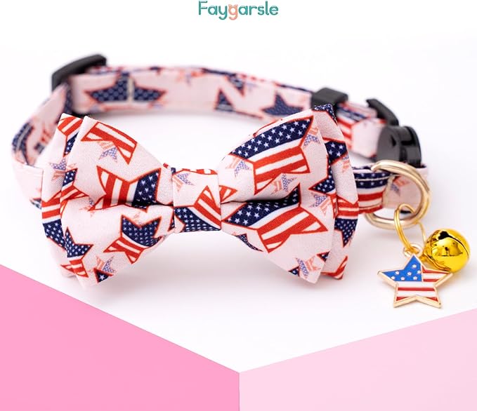 Faygarsle 2 Pack 4th of July Independence Day Cat Collar Cute Pink Blue American Flag Star Printed Collar with Bow tieBreakaway Cat Collar for Boy Girl Female Male Cats