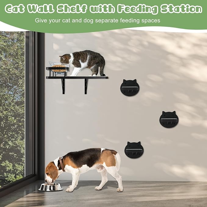 Cat Wall Shelves Furniture Set with 2 Food Bowls, Wooden Cat Climbing Wall Systems with Scratching Pad and 3 Steps, Floating Shelves Bed Perches Wall Mounted for Indoor Fit Up to 15Lbs (Black)