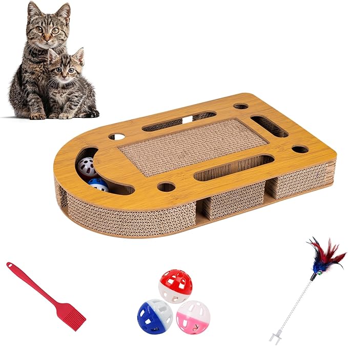 OHMU Cat Scratch Puzzle Enrichment Box, Cat Nail File Enrichment Box, Wooden Cat Puzzle Toy with Jingle Balls, Wands, Cleaning Brush for Indoor Cats