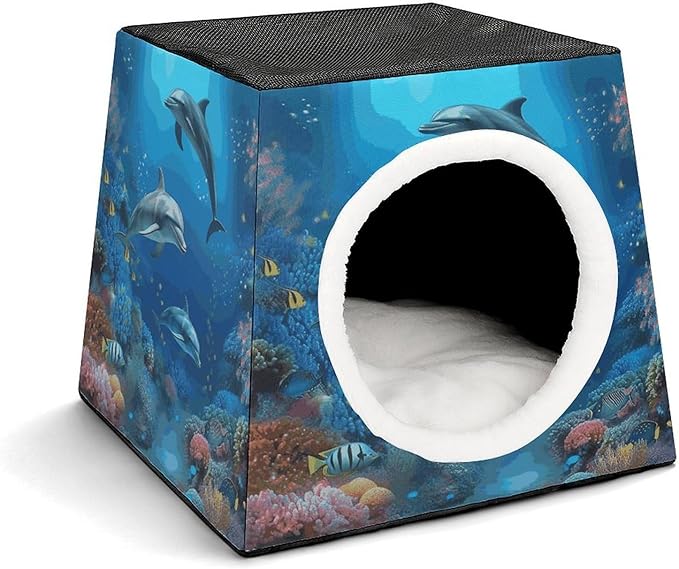 Cat Cave Cat Beds for Indoor Cats Underwater World Dolphins Coral Foldable Cat Hideaway with Washable Cushion and Non-Slip Base