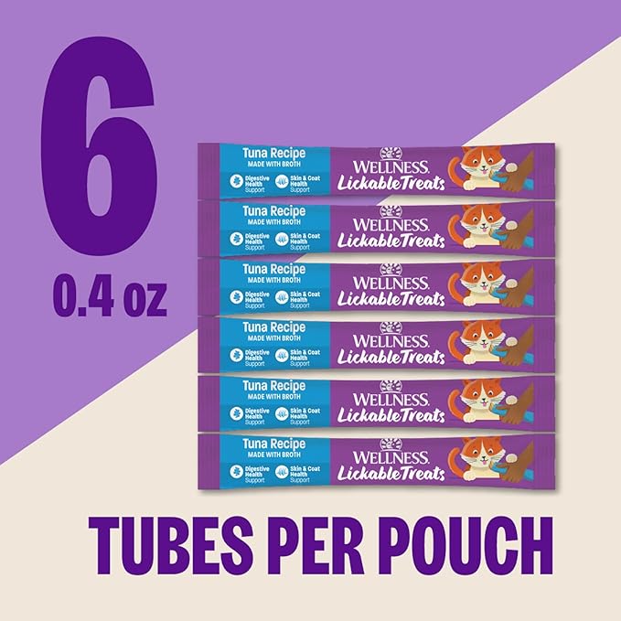 Wellness Lickable Soft Puree Cat Treats, All Lifestages, Kitten to Senior, Natural, Grain Free, Tuna Flavor, 0.4 oz, Pack of 12 Tubes