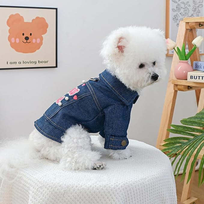 Dog Denim Jacket with Kiss Me Embroidery, Cute Pet Jean Coat with Pearl Decor, Small Dog Clothes for Puppy Cat, Stylish Dog Outfit for Walking & Photos(XS)