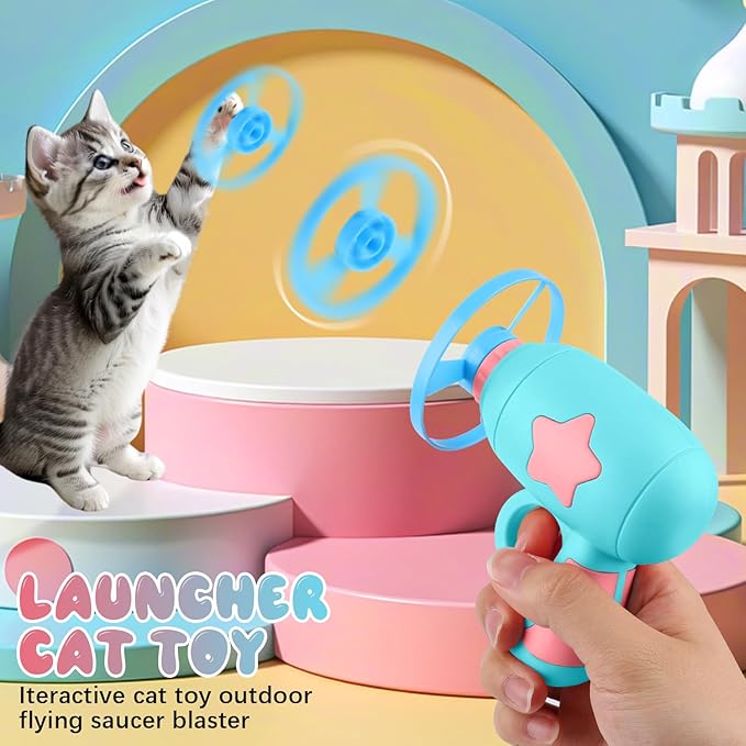 Bamboo Dragonfly Catapult Launcher, Cat Toy Spinning Flying Saucer Launcher, Interactive Cat Toy with Glowing LED for Pet Exercise & Nighttime Play