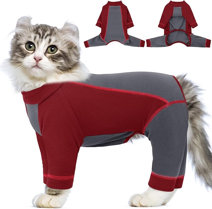 Hair Sticky Cat Clothes, Cat Sweater for Cats Only, 4-Legged Fleece Sweaters Kitten Pajamas Reduce Shedding Fur, Warm Pullover Shirts for Cats, Red M
