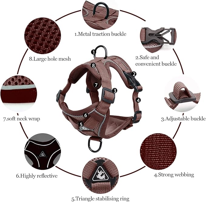Wanheart Summer cat Chest Harness and Leash, Anti-Escape Adjustable Soft mesh cat Leash and Chest Harness Set for All Types of Cats cat Vests (Brown, L:11.02-16.5lb)