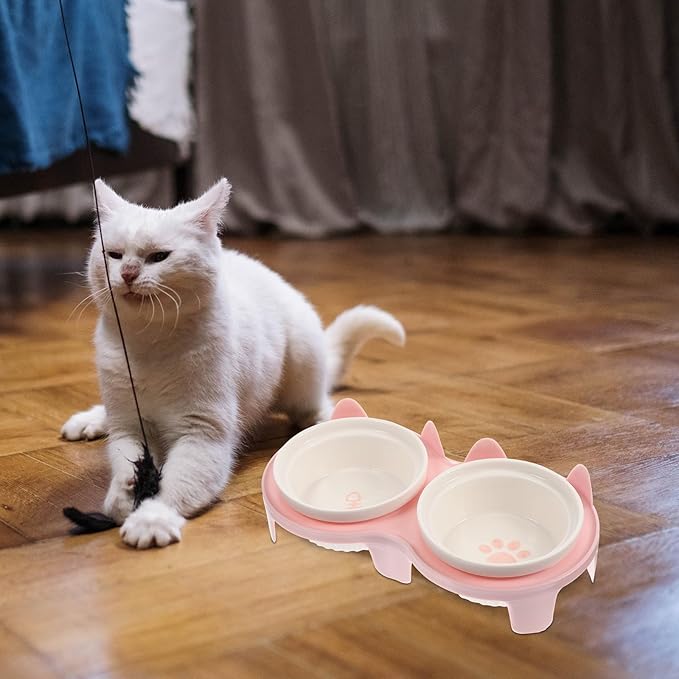 Elevated Ceramic Cat Bowl Set with Thickened Pink Bowls and Anti-Slip Stand, Raised Pet Feeding and Watering Dish for Indoor Cats and Kittens
