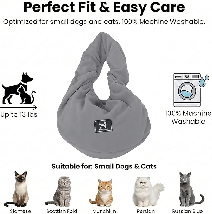 Cat Sling Carrier Critter Cuddler - Soft Breathable Cat Carrier, Pet Carrier for Cats/Kittens/Small Dogs (3-13 lbs), Hands-Free 2-Wearing Styles Indoor/Outdoor Cuddle Bag (Dark Gray)
