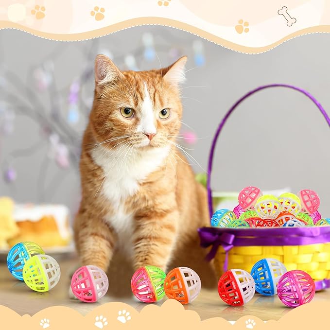 Silkfly 100 Pcs Value Cat Toy Balls with Bells, Plastic Lattice Jingle Balls for Kittens, Interactive Chasing & Pounce Rattle Toys, Assorted Colors