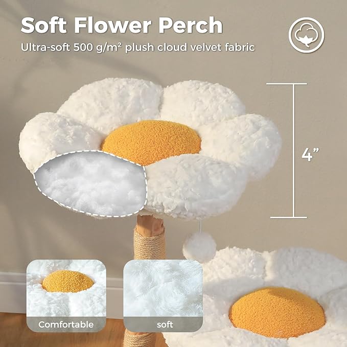 MUTTROS Wood Flower Cat Tree, Modern Cat Tower with Real Wood Branches, Luxury Boho Furniture with Scratching Post and 2 Perches, Cat Climbing Tower for Indoor Cats, Cloud White