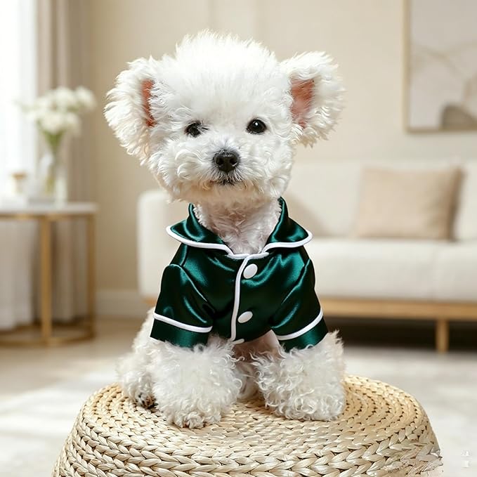 Cat Puppy Costume Elegant Satin Pajamas with Bow Headband 2PCs Set Pet Sleepwear Cute Pet Outfit Cosplay Partywear Photoshoots (Green Set,X-Large)