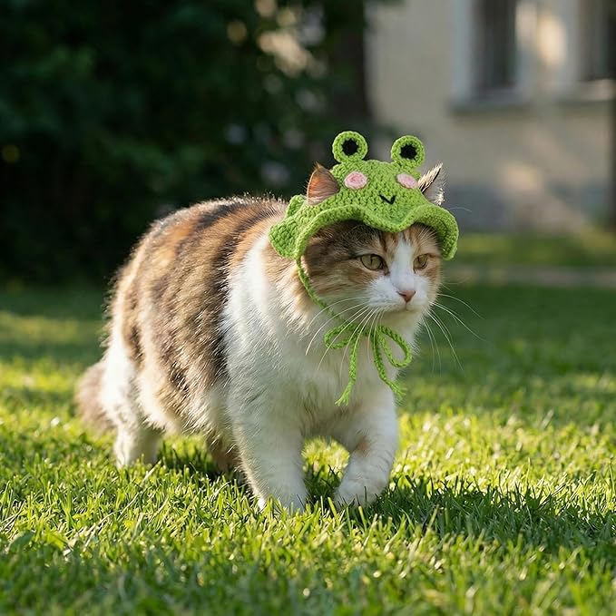 Thinp Cat Frog Hat, Cotton & Soft Cute Knitted Hats for Cats Crochet Cat Hats for Cats Birthday Party Christmas Knit Puppy Hat for Small Pets (Green, M)