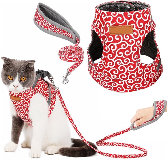 Cat Dogs Vest Harness and Leash Escape Proof, Soft Breathable Mesh and Comfortable Cat Harness and Leash Set, Anti Break Away Chest Strap Kitty Clothes for Travel Walking (Red, M)