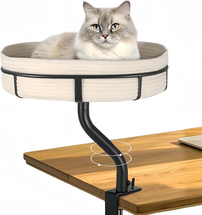 Cat Desk Bed with 360° Rotating Mount Attachment - Space-Saving Cats Hammock for Home Office/Computer Desks, Washable All-Season Indoor Pet Nest - Comfortable Perch (13.5IN-17.5IN)