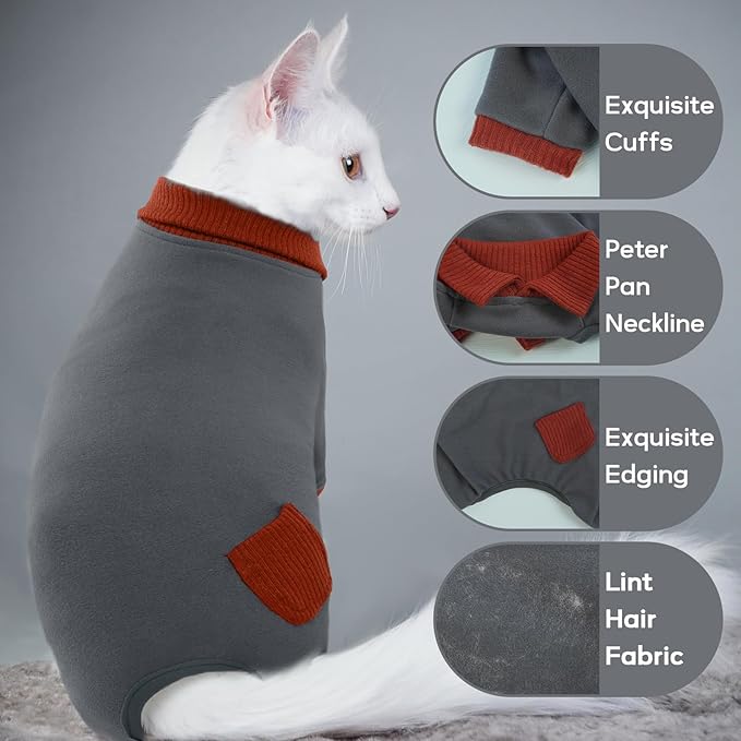 QBLEEV Sticky Hair Cat Clothes, Soft Cat Pajamas for Cats Only, Prevent Lost Fur Kitten Sweater Onesie, Stretchy Recovery Suit for Female Male Cats After Surgery Daily Wear, Burgundy, L