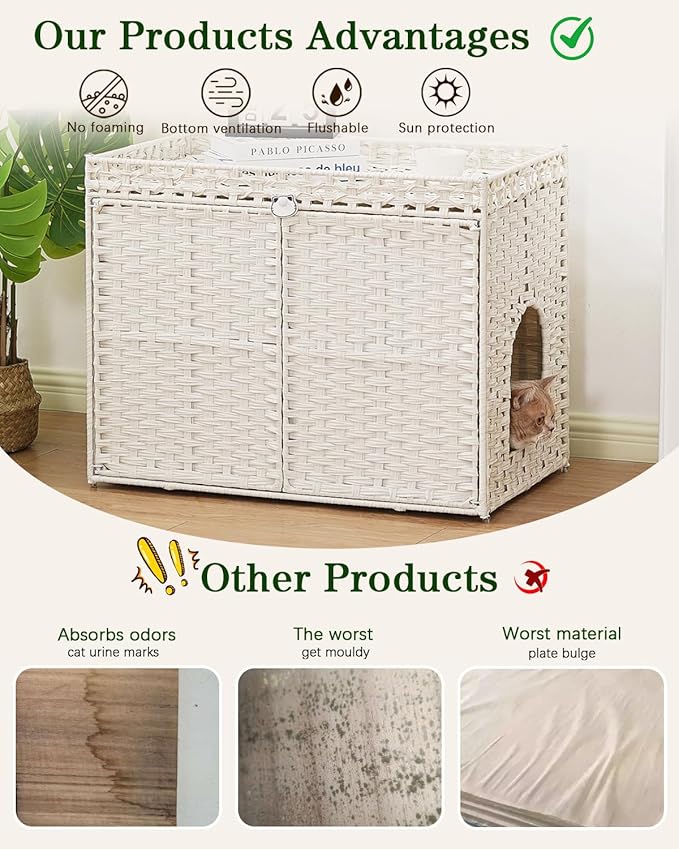 SETVSON Cat Litter Box Enclosure Furniture, Handwoven Rattan Hidden Litter Box with Mat, Large Space Cat House with 2 S-Shaped Hooks 30.3 x 18.3 x 24.4 Inches, Indoor for Living Room Apartment White