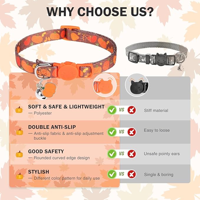 3 Pack Fall Breakaway Cat Collars with Bell & Charm-Thanksgiving Cat Collar for Girl Boy Cats with Safety Buckle- Cute Pumpkin Kitten Collar Adjustable 8"-12" for Kitty Puppy Small Pets