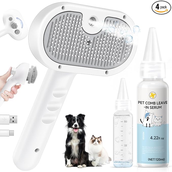 Pet Steam Brush Dog Cat 2026 New Grooming Comb for Shedding, Floating Hair, Smooth & Detangling, Gentle Cool Mist Softens Hair Reduces Static Helps Pets Who Dislike Bathing,Includes Waterless Shampoo