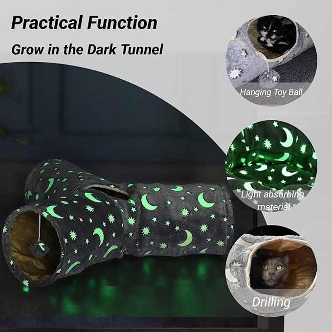 Cat Tube Tunnel with Plush Ball Toys Collapsible Self-Luminous, for Cat Small Pets Bunny Rabbits, Kittens, Ferrets,Puppy and Dogs Grey Moon Star 3 Way